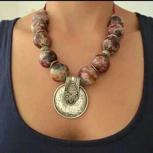 CERAMIC beaded greek statement necklace w/ silver disk pendant